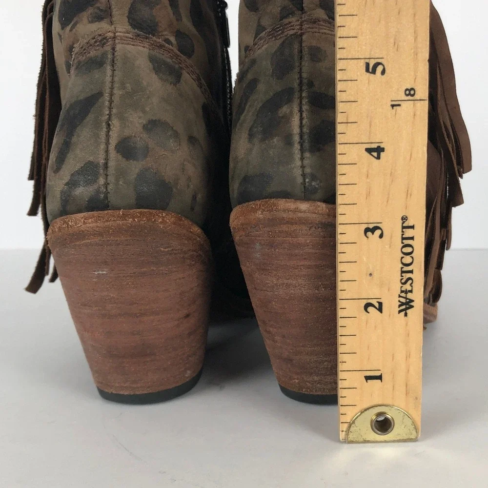 LIBERTY BLACK Leopard Print Fringe Western Ankle Boots Sz 7 Brown Leather Boho